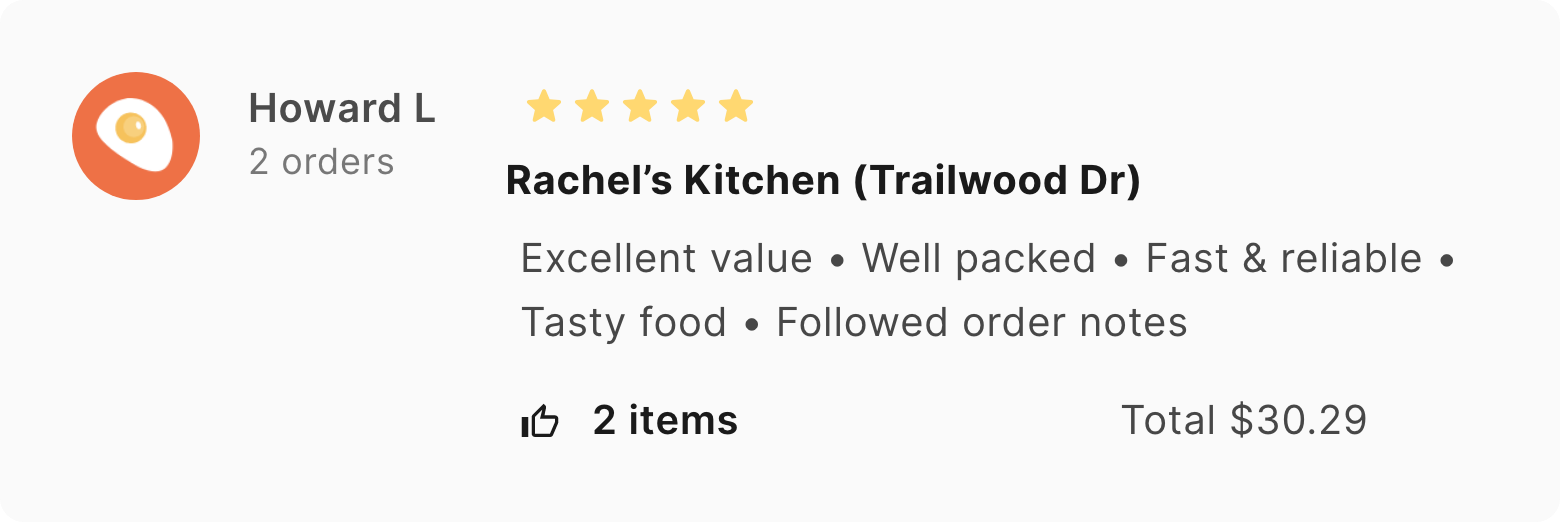 Image of 5 star customer review for Rachel's Kitchen by Howard L