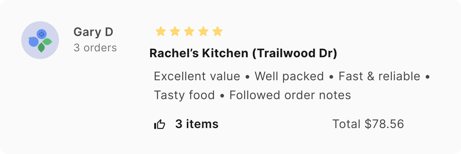 Image of 5 star customer review for Rachel's Kitchen by Gary D